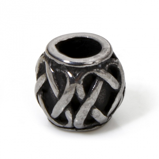 Bild von 2 Stück 304 Edelstahl Perlen zur DIY-Schmuckherstellung Barrel Antiksilber Webart Texturiert 8mm x 8mm, Loch: ca. 4mm