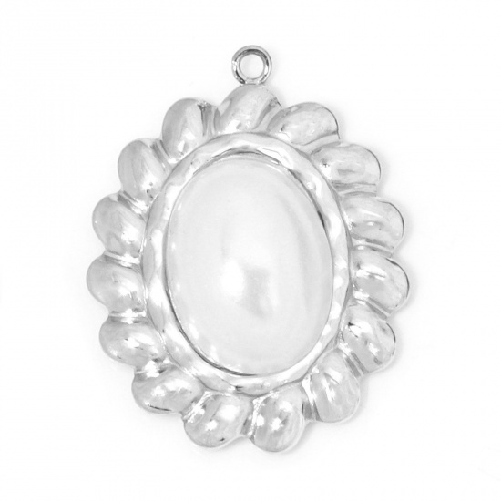 Picture of 1 Piece 304 Stainless Steel Charms Silver Tone Oval Acrylic Imitation Pearl 26mm x 20mm