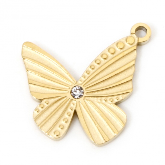 Picture of 2 PCs Vacuum Plating 304 Stainless Steel Charms 18K Gold Plated Butterfly Animal Rhinestone 15.5mm x 15mm