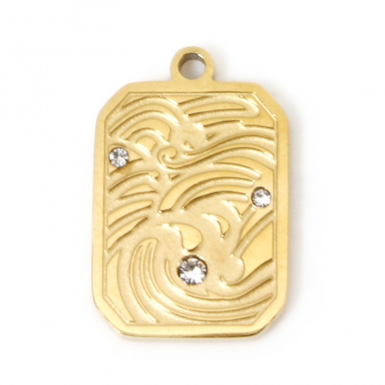 Picture of 2 PCs Vacuum Plating 304 Stainless Steel Charms 18K Gold Plated Rectangle Rhinestone 16mm x 10.5mm