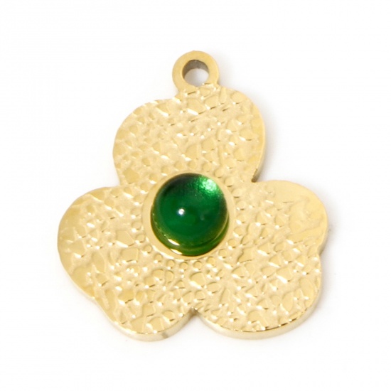 Immagine di 1 Pz Placcatura Sottovuoto PVD Ecologica 304 Acciaio Inossidabile Ciondoli Placcato Oro 18K Verde Fiore Con Cabochon di Vetro 16mm x 14mm