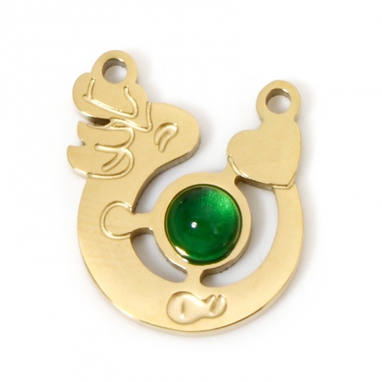 Immagine di 1 Pz Placcatura Sottovuoto PVD Ecologica 304 Acciaio Inossidabile Ciondoli Placcato Oro 18K Verde Drago Con Cabochon di Vetro 15mm x 14mm