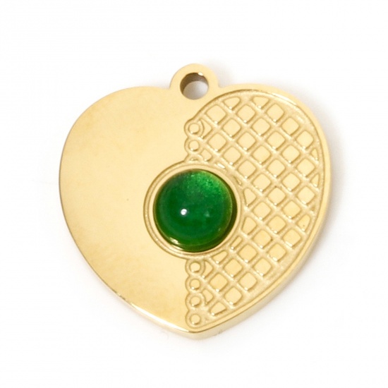Immagine di 1 Pz Placcatura Sottovuoto PVD Ecologica 304 Acciaio Inossidabile Ciondoli Placcato Oro 18K Verde Cuore Con Cabochon di Vetro 14mm x 14mm