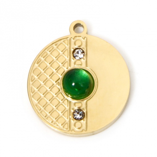 Immagine di 1 Pz Placcatura Sottovuoto PVD Ecologica 304 Acciaio Inossidabile Ciondoli Placcato Oro 18K Verde Tondo Disco Con Cabochon di Vetro Trasparente Strass 16mm x 14mm