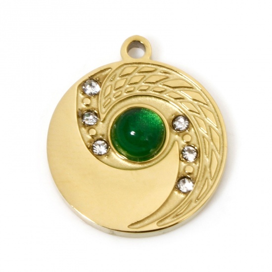 Immagine di 1 Pz Placcatura Sottovuoto PVD Ecologica 304 Acciaio Inossidabile Ciondoli Placcato Oro 18K Verde Tondo Disco Con Cabochon di Vetro Trasparente Strass 16mm x 14mm