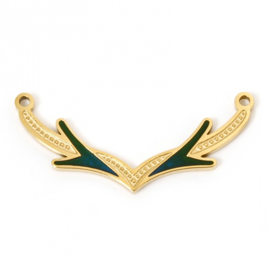 Immagine di 1 Pz Placcatura Sottovuoto PVD Ecologica 304 Acciaio Inossidabile Natale Pendenti Charms Connettori Placcato Oro 18K Corna Ramificate di Cervo Smalto 3cm x 1.3cm