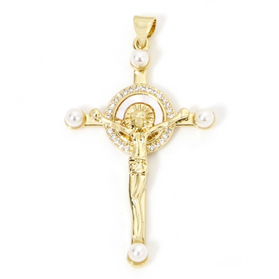 Imagen de 1 Unidad Concha & Latón Religión Colgantes Cruz Chapado en Oro de 18K Jesús Acrílico Imitación de Perla Claro Circón Artificial 4.7cm x 2.8cm