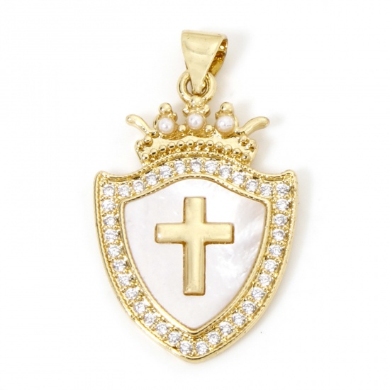 Imagen de 1 Unidad Concha & Latón Religión Colgantes Escudo Chapado en Oro de 18K Cruz Acrílico Imitación de Perla Claro Circón Artificial 3.1cm x 1.8cm