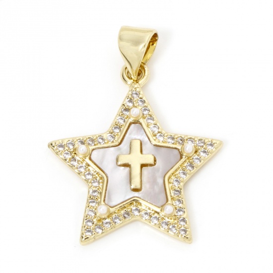 Imagen de 1 Unidad Concha & Latón Religión Colgantes Estrellas de cinco puntos Chapado en Oro de 18K Cruz Claro Circón Artificial 26mm x 20mm