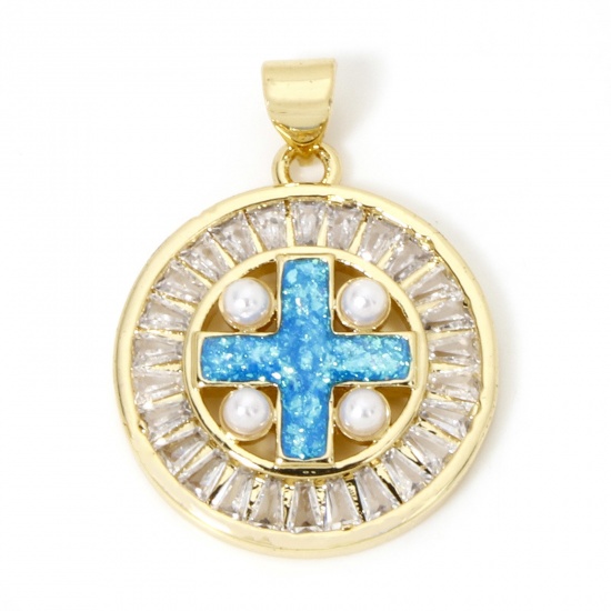 Imagen de 1 Unidad Latón Religión Colgantes Charms Ronda Chapado en Oro de 18K Cruz Opal Imitación Claro Circón Artificial 28mm x 21mm