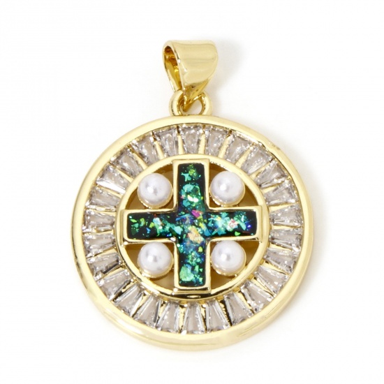 Imagen de 1 Unidad Latón Religión Colgantes Charms Ronda Chapado en Oro de 18K Cruz Opal Imitación Claro Circón Artificial 28mm x 21mm