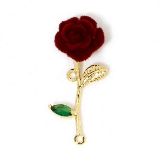 Picture of 1 Piece Brass Flocking Valentine's Day Pendants 18K Gold Plated Green Rose Flower Enamel 3D 3.3cm x 1.6cm