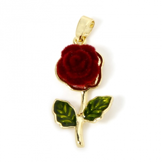 Picture of 1 Piece Brass Flocking Valentine's Day Pendants 18K Gold Plated Green Rose Flower Enamel 3D 3cm x 1.3cm