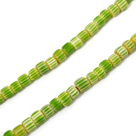 Immagine di 1 Filo （Circa 52 Pezzi/Treccia) Lampwork Vetro Perline per la Creazione di Gioielli con Fai-da-te Zucca Verde Striscia Disegno Circa 8mm x 8mm, Foro: Circa 1.2mm, lunghezza: 40cm