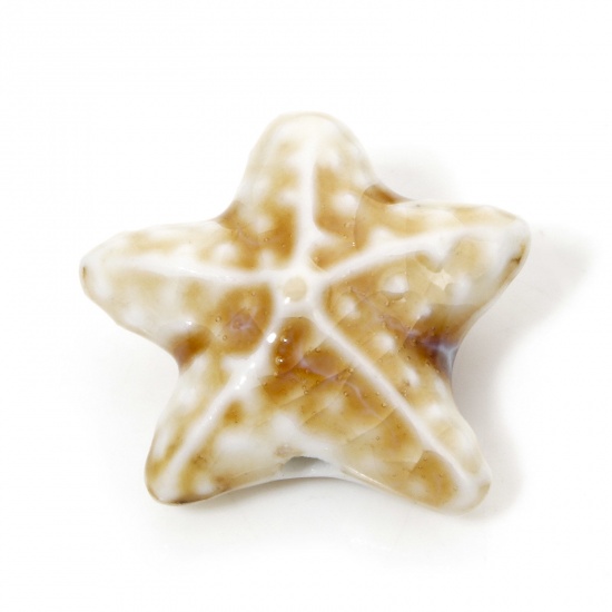 Immagine di 10 Pz Ceramica Gioielli Oceanici Diatanziale Perline per la Creazione di Gioielli con Fai-da-te Stella di Mare Beige & Caffè Circa 3D Circa 22mm x 19mm, Foro: Circa 2mm