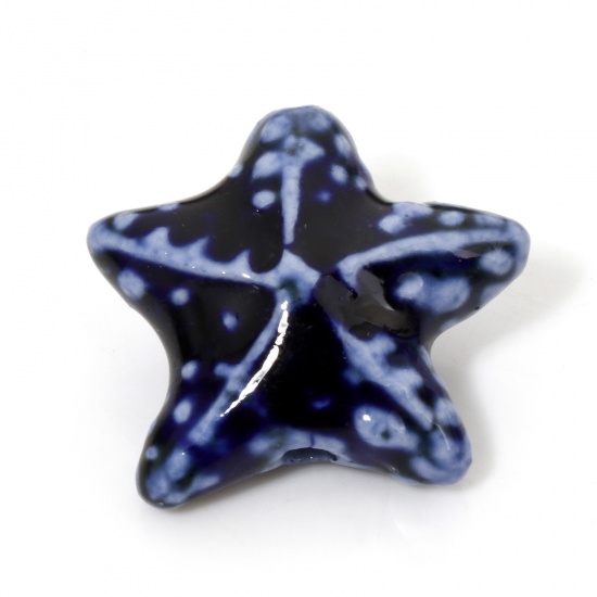 Immagine di 10 Pz Ceramica Gioielli Oceanici Diatanziale Perline per la Creazione di Gioielli con Fai-da-te Stella di Mare Blu Scuro Circa 3D Circa 22mm x 19mm, Foro: Circa 2mm