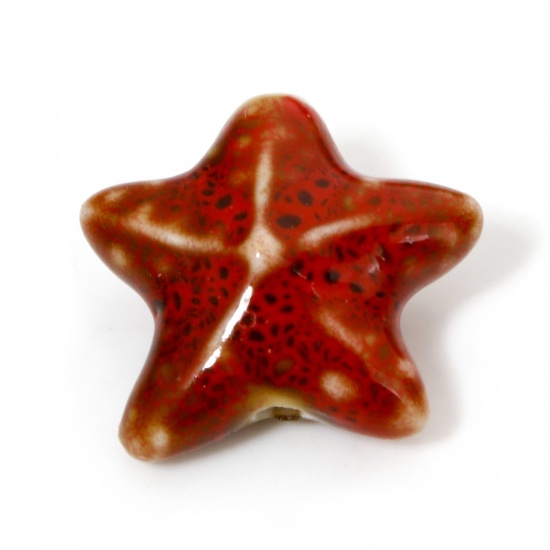 Immagine di 10 Pz Ceramica Gioielli Oceanici Diatanziale Perline per la Creazione di Gioielli con Fai-da-te Stella di Mare Marrone Rosso Circa 3D Circa 22mm x 19mm, Foro: Circa 2mm