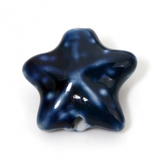 Immagine di 10 Pz Ceramica Gioielli Oceanici Diatanziale Perline per la Creazione di Gioielli con Fai-da-te Stella di Mare Blu Inchiostro Circa 3D Circa 22mm x 19mm, Foro: Circa 2mm