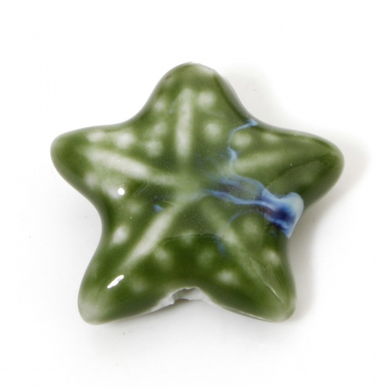 Immagine di 10 Pz Ceramica Gioielli Oceanici Diatanziale Perline per la Creazione di Gioielli con Fai-da-te Stella di Mare Verde Circa 3D Circa 22mm x 19mm, Foro: Circa 2mm