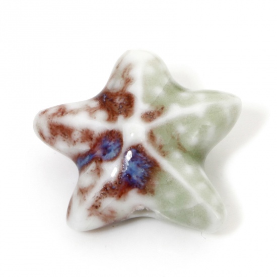 Immagine di 10 Pz Ceramica Gioielli Oceanici Diatanziale Perline per la Creazione di Gioielli con Fai-da-te Stella di Mare Verde Chiaro Circa 3D Circa 22mm x 19mm, Foro: Circa 2mm