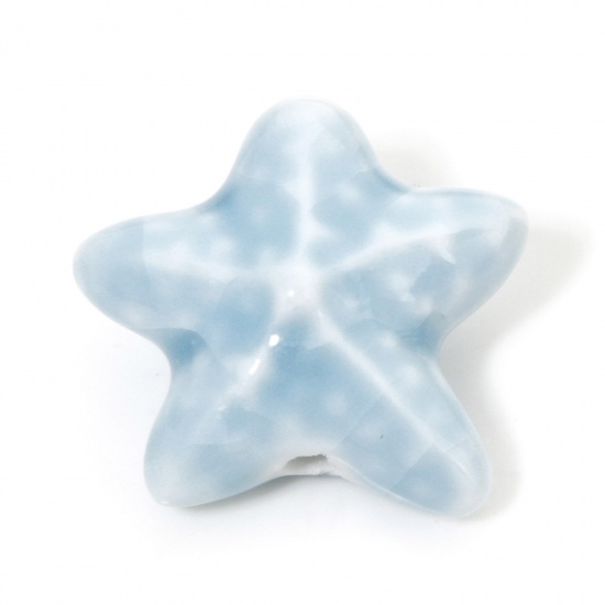 Immagine di 10 Pz Ceramica Gioielli Oceanici Diatanziale Perline per la Creazione di Gioielli con Fai-da-te Stella di Mare Blu Chiaro Circa 3D Circa 22mm x 19mm, Foro: Circa 2mm