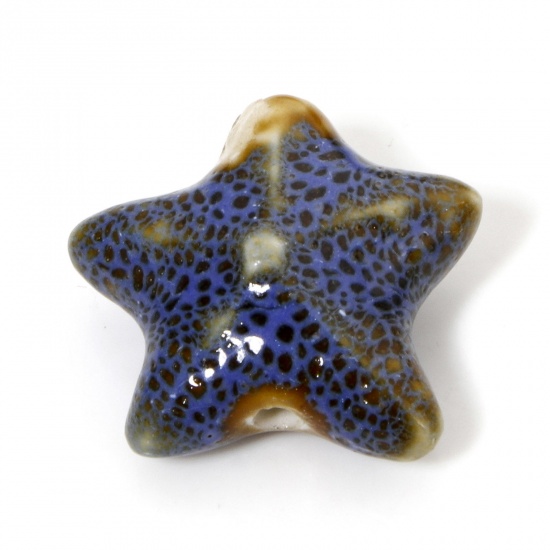 Immagine di 10 Pz Ceramica Gioielli Oceanici Diatanziale Perline per la Creazione di Gioielli con Fai-da-te Stella di Mare Blu Nero Circa 3D Circa 22mm x 19mm, Foro: Circa 2mm