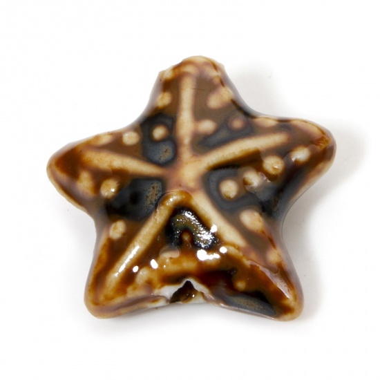 Immagine di 10 Pz Ceramica Gioielli Oceanici Diatanziale Perline per la Creazione di Gioielli con Fai-da-te Stella di Mare Marrone Circa 3D Circa 22mm x 19mm, Foro: Circa 2mm