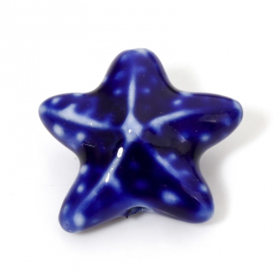 Immagine di 10 Pz Ceramica Gioielli Oceanici Diatanziale Perline per la Creazione di Gioielli con Fai-da-te Stella di Mare Blu Marino Circa 3D Circa 22mm x 19mm, Foro: Circa 2mm