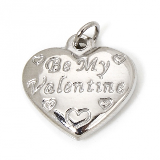 Imagen de 1 Unidad Respetuoso del Medio Ambiente 304 Acero Inoxidable Sencillo Colgantes Corazón Tono de Plata " Be My Valentine " 17mm x 16.5mm