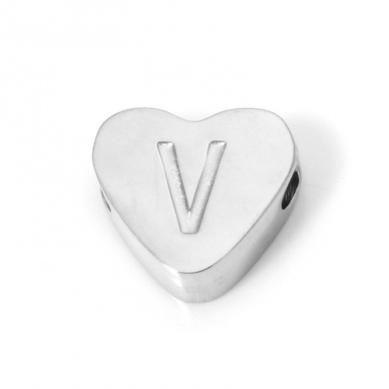 Image de 2 Pcs Perles pour DIY Fabrication de Bijoux La Saint Valentin en 304 Acier Inoxydable Cœur Argent Mat Alphabet Initial/ Lettre Majuscule Message " V" 8mm x 7mm, Trou: env. 2mm