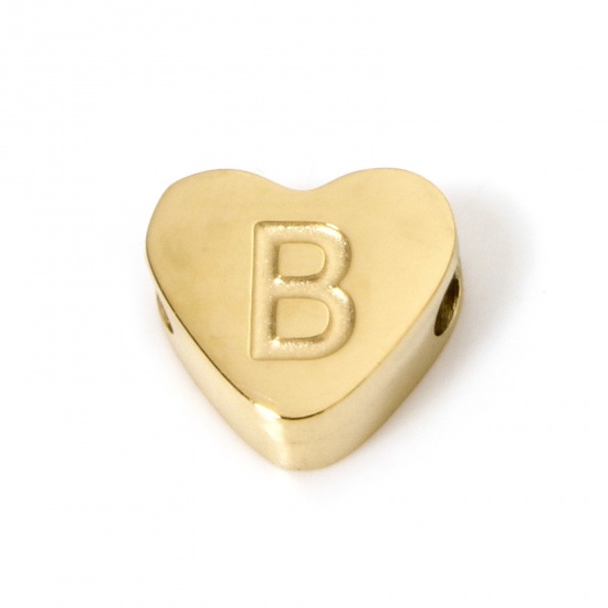 Picture of 2 PCs Vacuum Plating 304 Stainless Steel Beads For DIY Jewelry Making Heart 18K Gold Plated Capital Alphabet Initial Letter Message " B " 8mm x 7mm, Hole: Approx 2mm