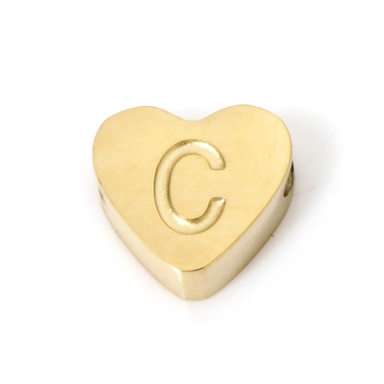 Picture of 2 PCs Vacuum Plating 304 Stainless Steel Beads For DIY Jewelry Making Heart 18K Gold Plated Capital Alphabet Initial Letter Message " C " 8mm x 7mm, Hole: Approx 2mm