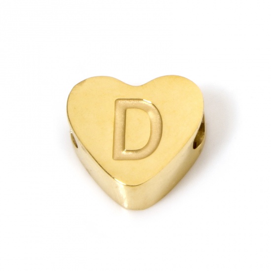 Picture of 2 PCs Vacuum Plating 304 Stainless Steel Beads For DIY Jewelry Making Heart 18K Gold Plated Capital Alphabet Initial Letter Message " D " 8mm x 7mm, Hole: Approx 2mm