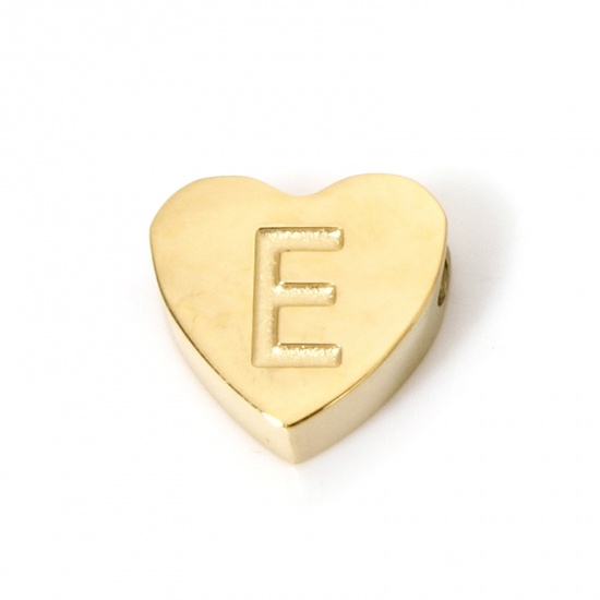 Picture of 2 PCs Vacuum Plating 304 Stainless Steel Beads For DIY Jewelry Making Heart 18K Gold Plated Capital Alphabet Initial Letter Message " E " 8mm x 7mm, Hole: Approx 2mm