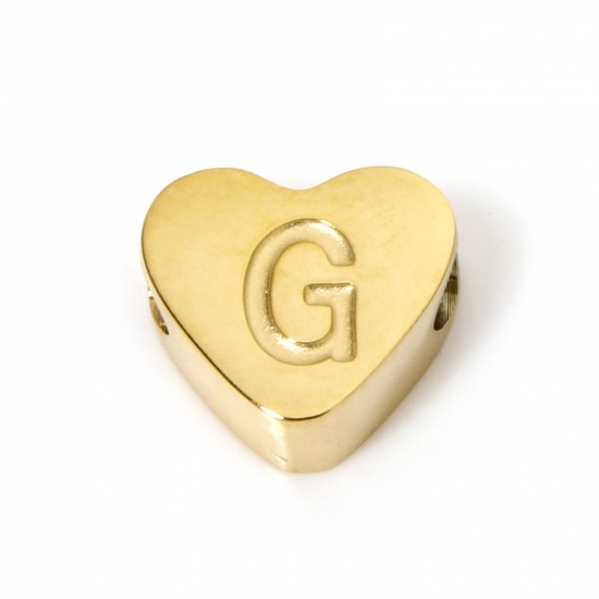 Picture of 2 PCs Vacuum Plating 304 Stainless Steel Beads For DIY Jewelry Making Heart 18K Gold Plated Capital Alphabet Initial Letter Message " G " 8mm x 7mm, Hole: Approx 2mm