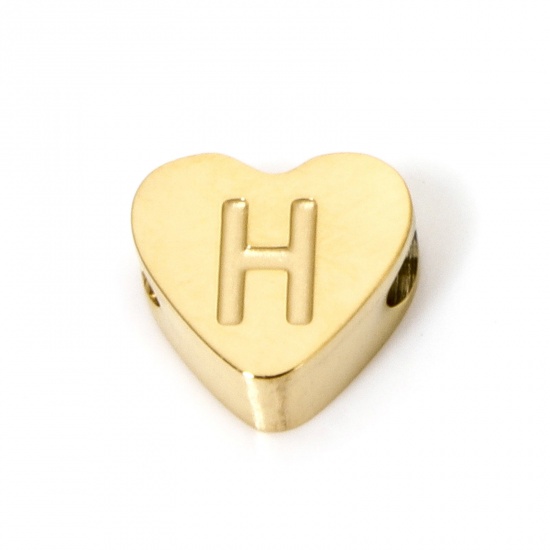 Picture of 2 PCs Vacuum Plating 304 Stainless Steel Beads For DIY Jewelry Making Heart 18K Gold Plated Capital Alphabet Initial Letter Message " H " 8mm x 7mm, Hole: Approx 2mm