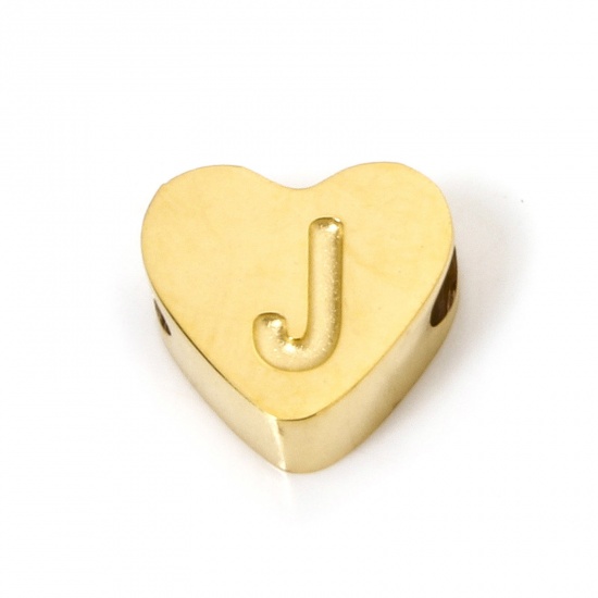 Picture of 2 PCs Vacuum Plating 304 Stainless Steel Beads For DIY Jewelry Making Heart 18K Gold Plated Capital Alphabet Initial Letter Message " J " 8mm x 7mm, Hole: Approx 2mm