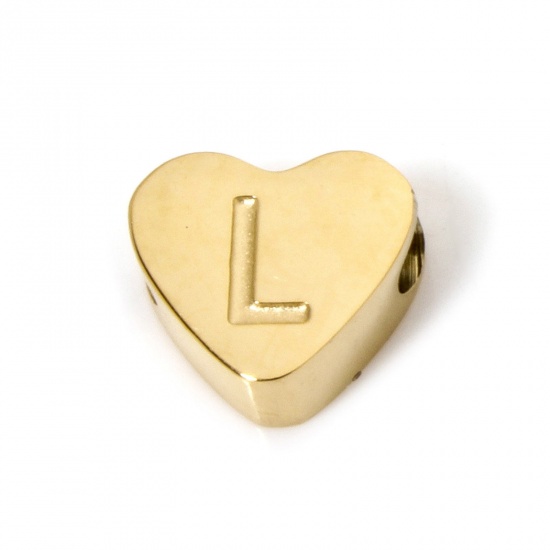 Picture of 2 PCs Vacuum Plating 304 Stainless Steel Beads For DIY Jewelry Making Heart 18K Gold Plated Capital Alphabet Initial Letter Message " L " 8mm x 7mm, Hole: Approx 2mm