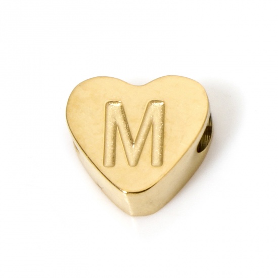 Picture of 2 PCs Vacuum Plating 304 Stainless Steel Beads For DIY Jewelry Making Heart 18K Gold Plated Capital Alphabet Initial Letter Message " M " 8mm x 7mm, Hole: Approx 2mm