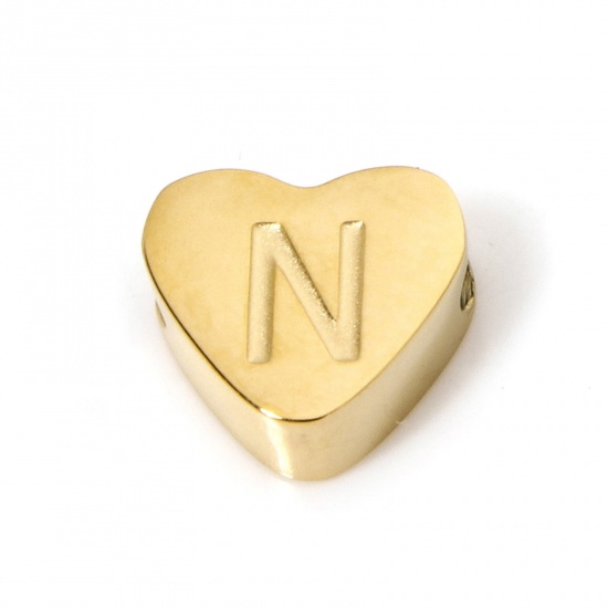 Picture of 2 PCs Vacuum Plating 304 Stainless Steel Beads For DIY Jewelry Making Heart 18K Gold Plated Capital Alphabet Initial Letter Message " N " 8mm x 7mm, Hole: Approx 2mm