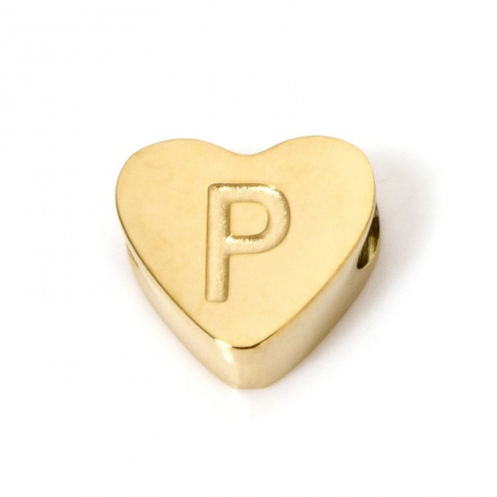 Picture of 2 PCs Vacuum Plating 304 Stainless Steel Beads For DIY Jewelry Making Heart 18K Gold Plated Capital Alphabet Initial Letter Message " P " 8mm x 7mm, Hole: Approx 2mm