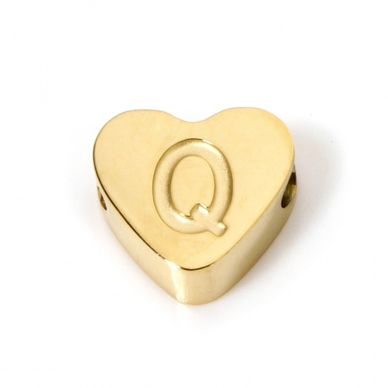 Picture of 2 PCs Vacuum Plating 304 Stainless Steel Beads For DIY Jewelry Making Heart 18K Gold Plated Capital Alphabet Initial Letter Message " Q " 8mm x 7mm, Hole: Approx 2mm