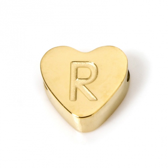 Picture of 2 PCs Vacuum Plating 304 Stainless Steel Beads For DIY Jewelry Making Heart 18K Gold Plated Capital Alphabet Initial Letter Message " R " 8mm x 7mm, Hole: Approx 2mm