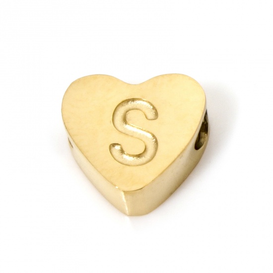 Picture of 2 PCs Vacuum Plating 304 Stainless Steel Beads For DIY Jewelry Making Heart 18K Gold Plated Capital Alphabet Initial Letter Message " S " 8mm x 7mm, Hole: Approx 2mm