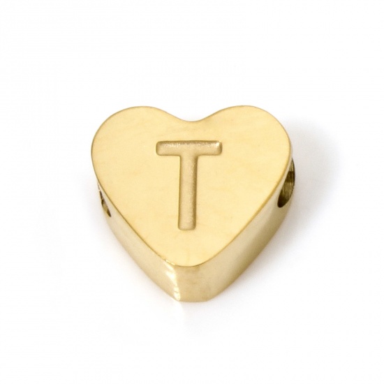 Picture of 2 PCs Vacuum Plating 304 Stainless Steel Beads For DIY Jewelry Making Heart 18K Gold Plated Capital Alphabet Initial Letter Message " T " 8mm x 7mm, Hole: Approx 2mm