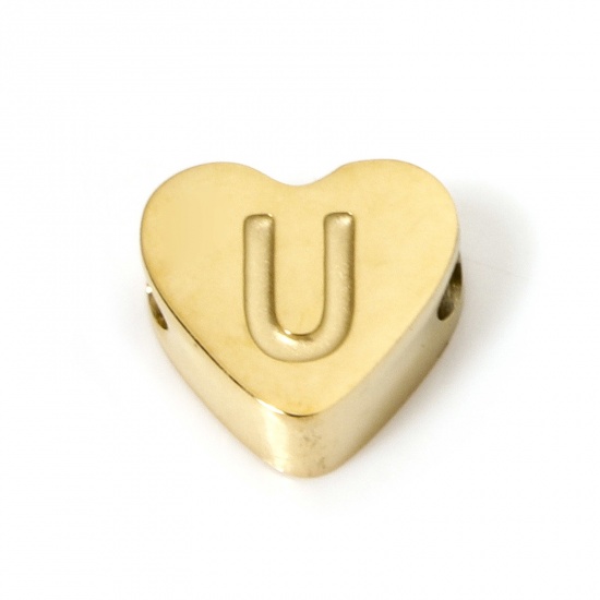 Picture of 2 PCs Vacuum Plating 304 Stainless Steel Beads For DIY Jewelry Making Heart 18K Gold Plated Capital Alphabet Initial Letter Message " U " 8mm x 7mm, Hole: Approx 2mm