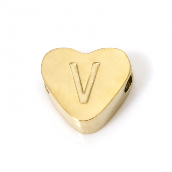 Picture of 2 PCs Vacuum Plating 304 Stainless Steel Beads For DIY Jewelry Making Heart 18K Gold Plated Capital Alphabet Initial Letter Message " V " 8mm x 7mm, Hole: Approx 2mm