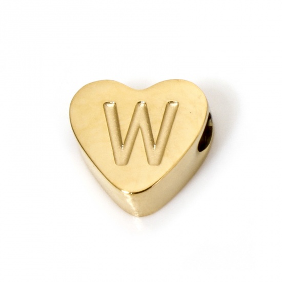 Picture of 2 PCs Vacuum Plating 304 Stainless Steel Beads For DIY Jewelry Making Heart 18K Gold Plated Capital Alphabet Initial Letter Message " W " 8mm x 7mm, Hole: Approx 2mm