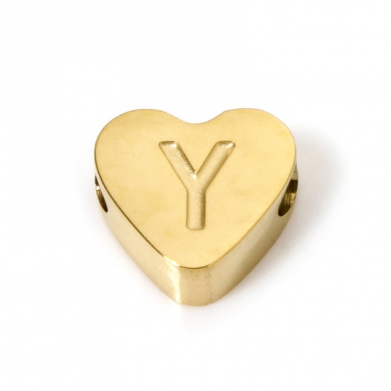 Picture of 2 PCs Vacuum Plating 304 Stainless Steel Beads For DIY Jewelry Making Heart 18K Gold Plated Capital Alphabet Initial Letter Message " Y " 8mm x 7mm, Hole: Approx 2mm