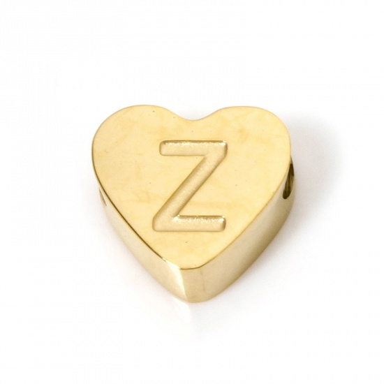 Picture of 2 PCs Vacuum Plating 304 Stainless Steel Beads For DIY Jewelry Making Heart 18K Gold Plated Capital Alphabet Initial Letter Message " Z " 8mm x 7mm, Hole: Approx 2mm